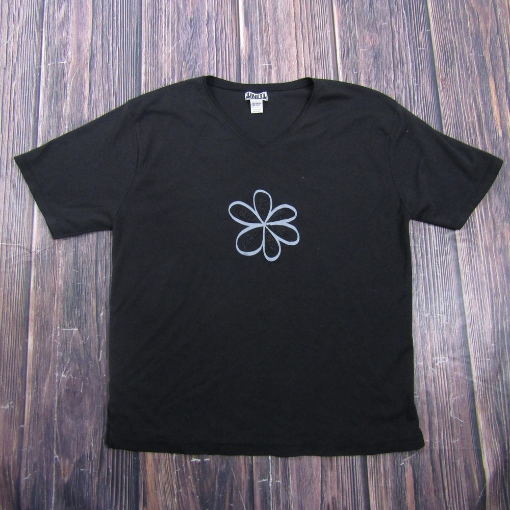 UNITI Casuals T-Shirt Womens S Black V-Neck Floral Slit Jersey Granny Core